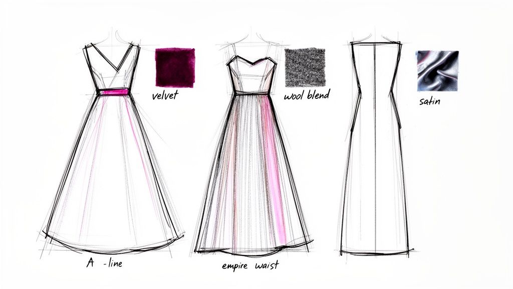 Fashion sketches showing three dress styles (A-line, empire waist) with fabric swatches: velvet, wool, satin.