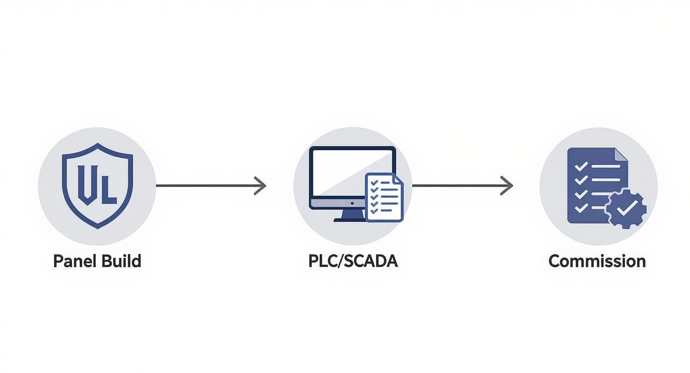 Industrial automation workflow diagram showing panel build, PLC SCADA integration, and system commissioning process stages