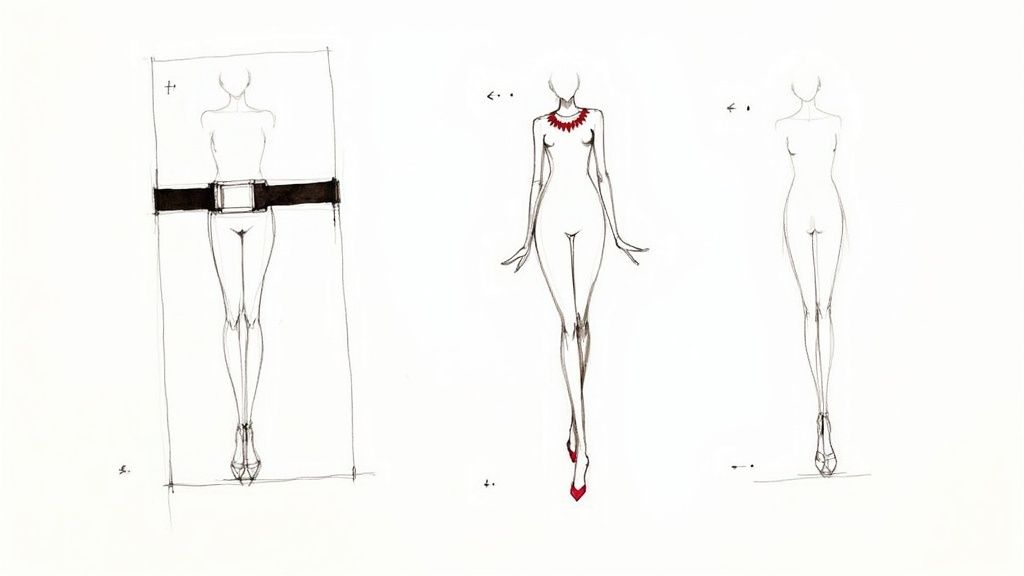 Three fashion design sketches of female figures, one with a belt, one with a red necklace.