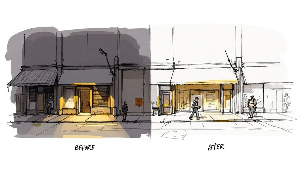 Hand-drawn illustration comparing a dimly lit street before to a brightly lit street after improvements.