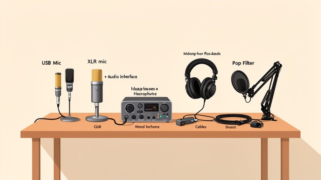 A complete podcasting setup on a wooden table, featuring microphones, headphones, audio interface, and accessories.