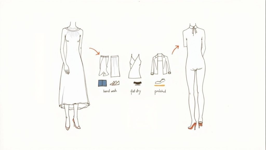 Illustration showing a woman in a dress, various clothing items, accessories, and care instructions like hand wash and flat dry.