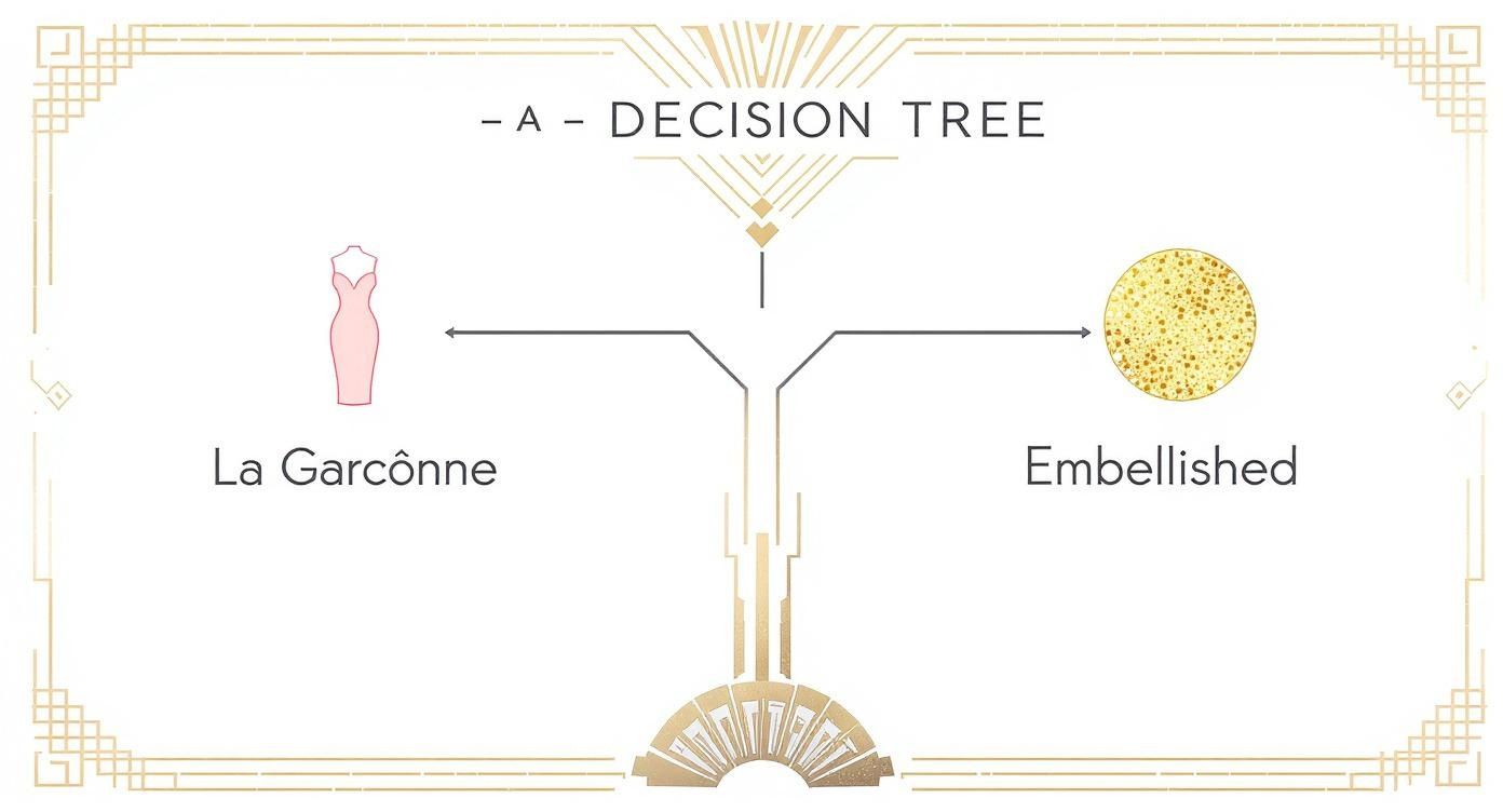A decision tree graphic displaying paths to 'La Garçonne' and 'Embellished' fashion styles with Art Deco design.