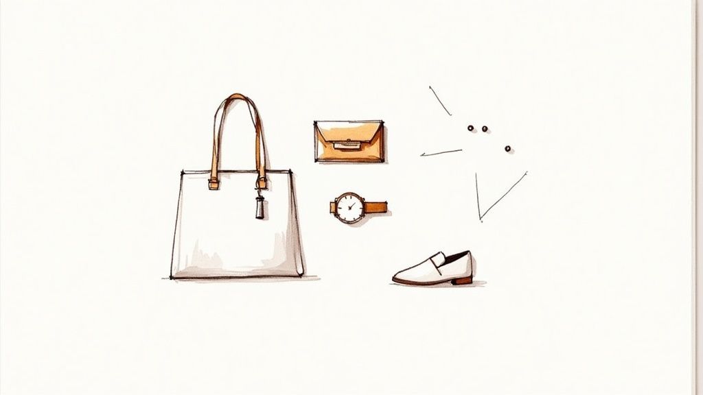 A minimalist illustration of professional fashion accessories, including a white tote bag, tan clutch, wristwatch, and white loafer.