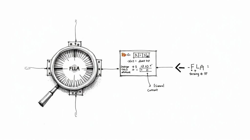 Hand-drawn schematic diagram of a FLLA gauge connected to a technical calculation box with current values.