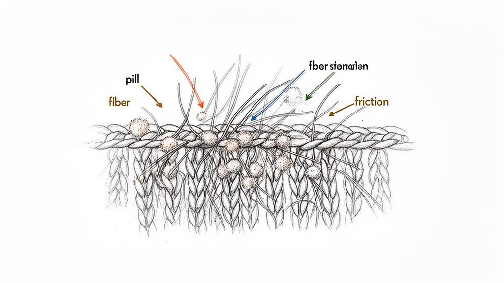 Detailed diagram explaining fabric pilling, with labels pointing to pills, loose fibers, and friction.