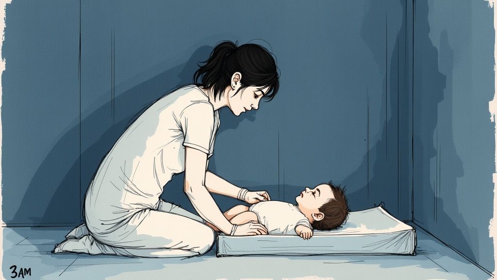 A mother kneels, gently caring for her baby on a changing pad in a quiet, early morning room.