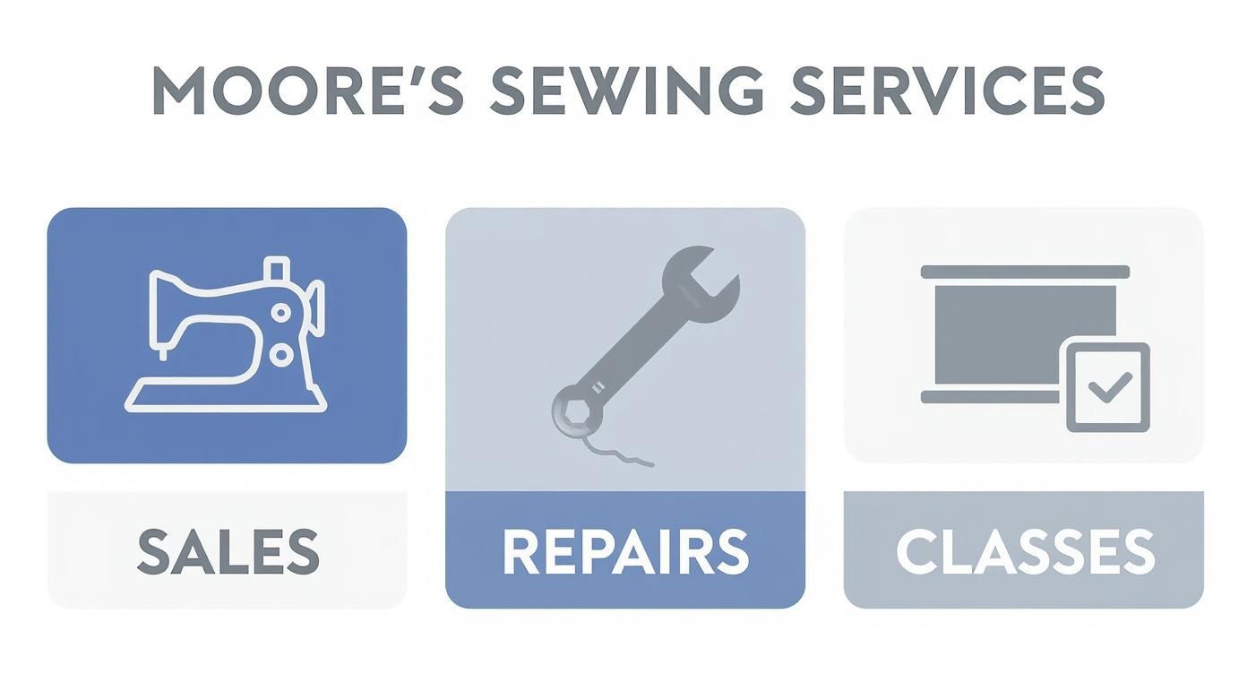 Infographic summarizing Moore's Sewing core services including sales, repairs, and classes.