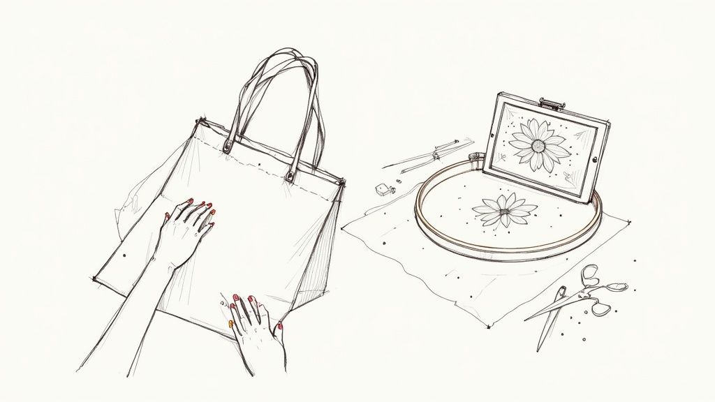 Sketch of hands working on a tote bag and an embroidery project with a digital design reference.