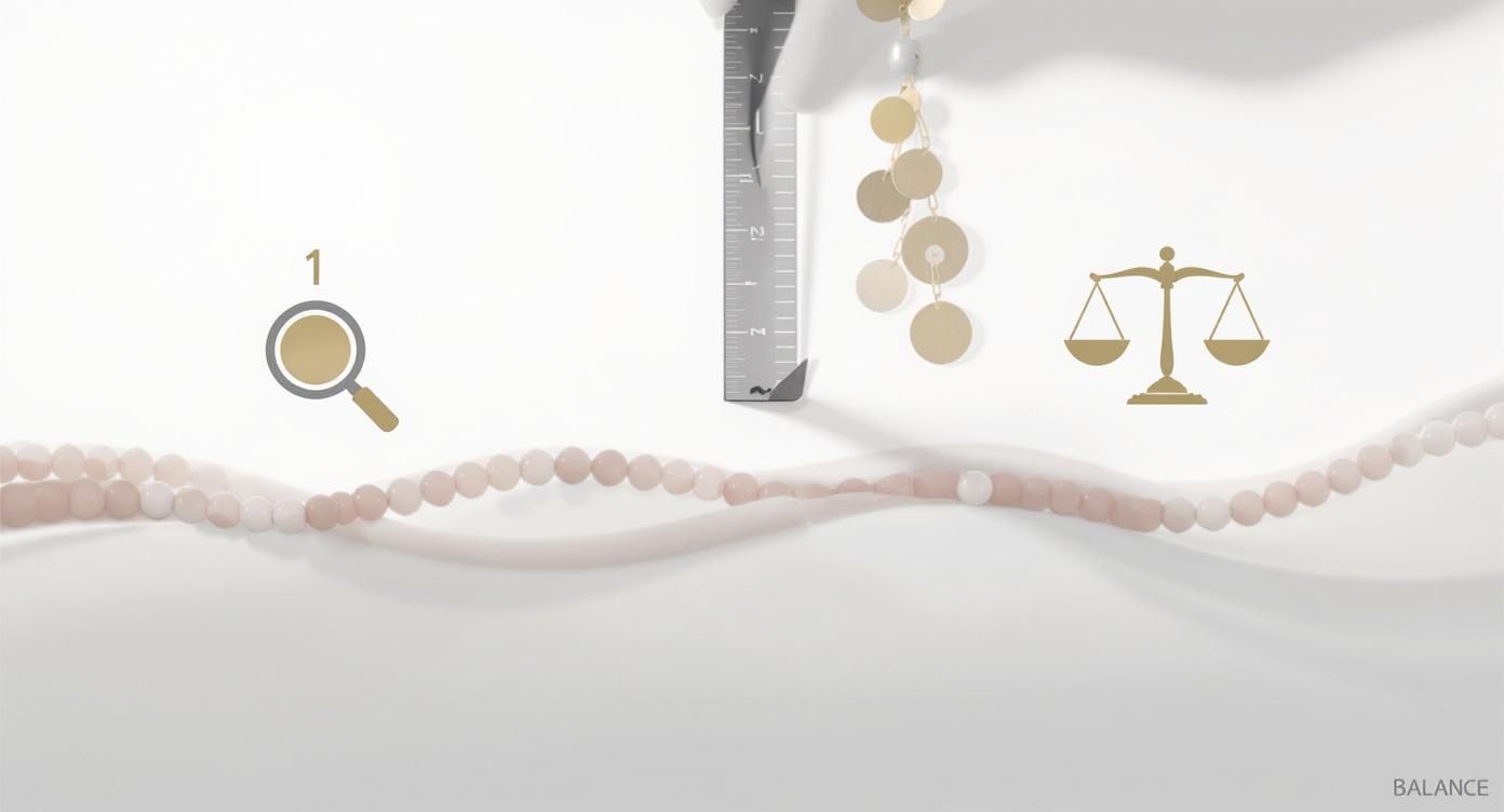 Image showing jewelry inspection with a magnifying glass, ruler, gold earrings, pink beads, and a balance scale.