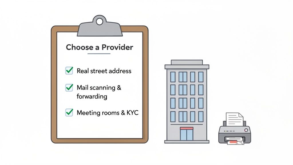 A checklist for choosing a virtual office provider, featuring a real street address, mail services, and meeting rooms.