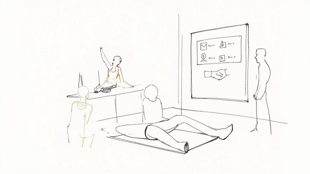 A group of people participating in an outdoor yoga class on a sunny day.