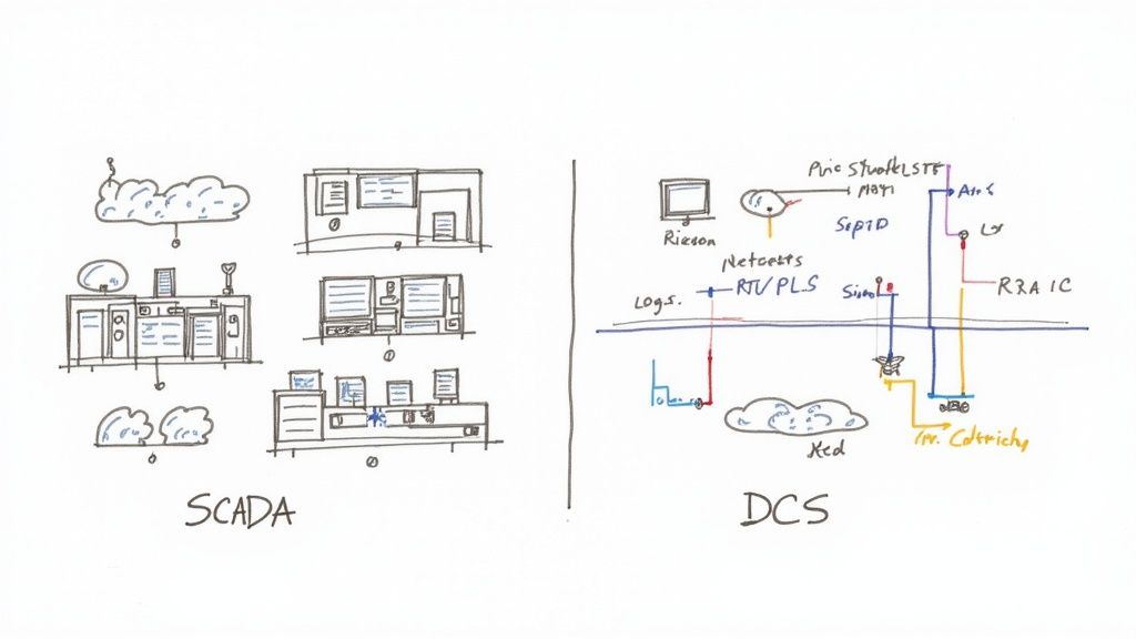 Hand-drawn comparison diagram showing SCADA system architecture versus DCS distributed control system infrastructure