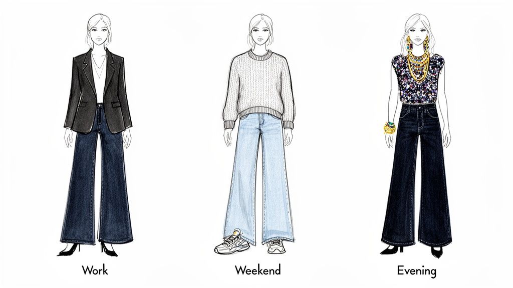 Three fashion illustrations demonstrating versatile styling options for wide-leg jeans: work, weekend, and evening looks.