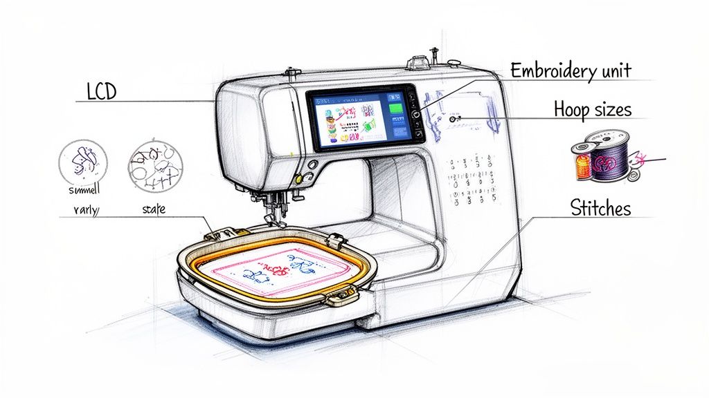 Detailed sketch of an embroidery machine with an LCD screen, hoop, and labeled features like stitches and hoop sizes.