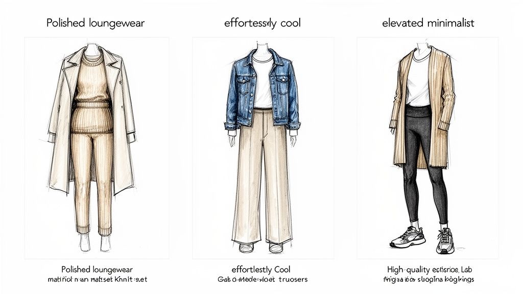 Three fashion sketches showing polished loungewear, effortlessly cool, and elevated minimalist outfit styles.