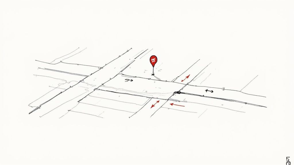 Hand-drawn street map with red location pin marker showing intersection and directional arrows