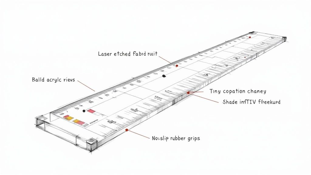 Technical diagram showing laser etched fabric ruler with acrylic rivets and non-slip rubber grips