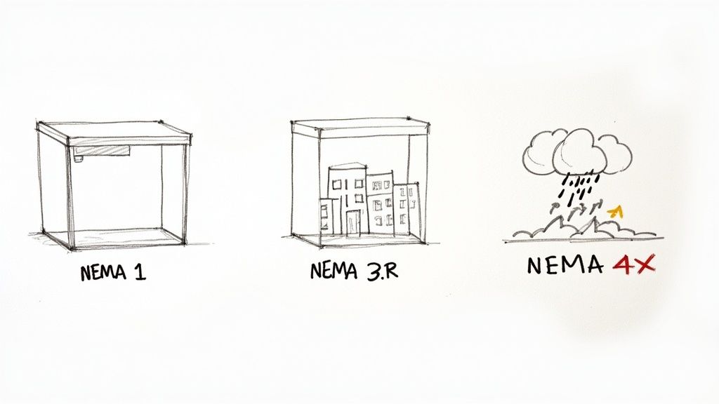 Illustrations comparing NEMA 1, NEMA 3.R, and NEMA 4X enclosure ratings, showing different protection levels.