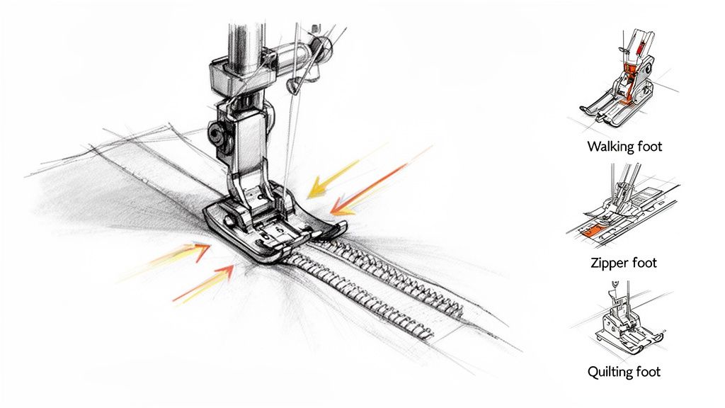 Detailed technical illustration of a sewing machine presser foot stitching a zipper, showing various foot types.
