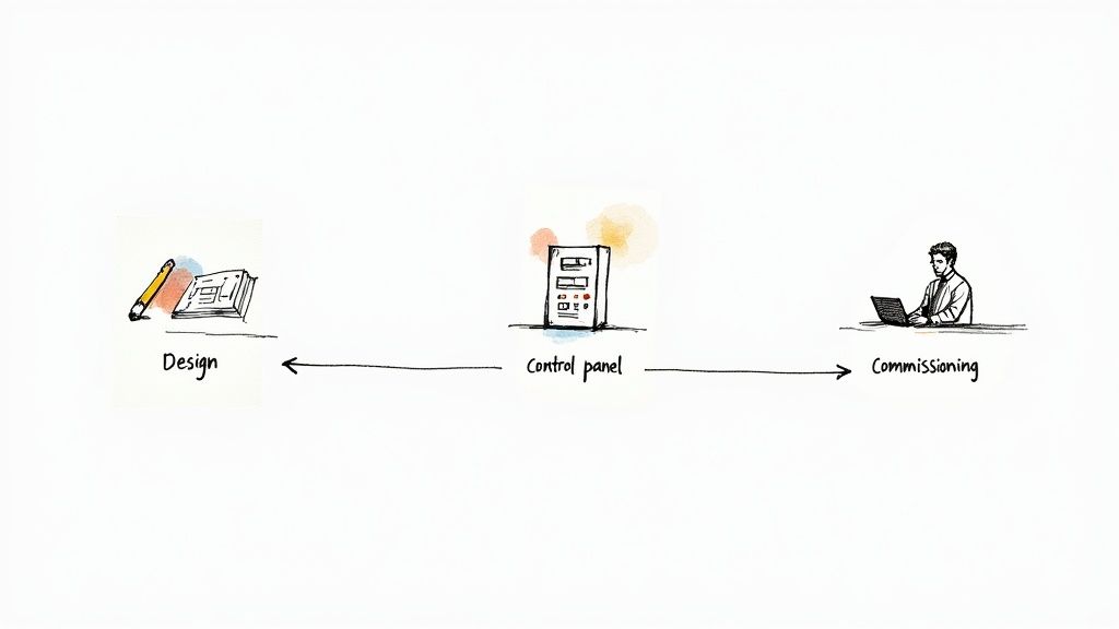 Industrial automation workflow diagram showing design, control panel, and commissioning process stages