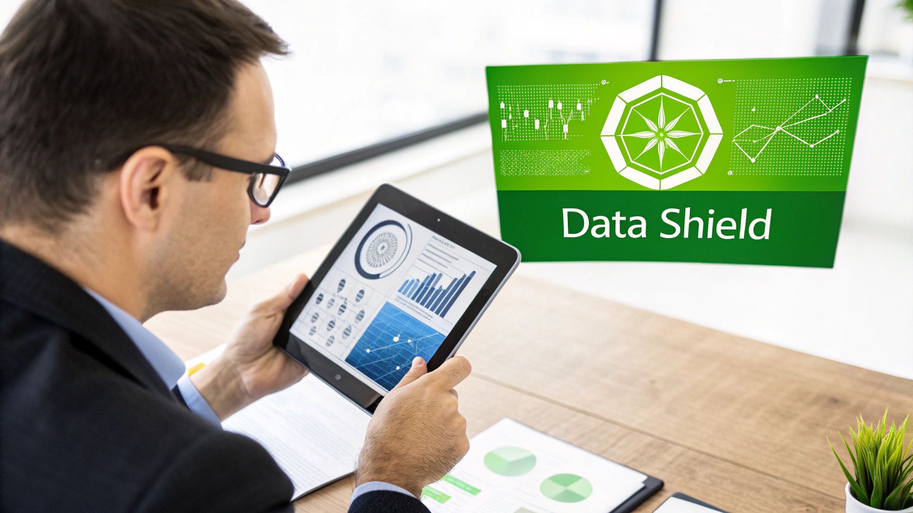 A businessman in glasses analyzes charts on a tablet, with a 'Data Shield' graphic.