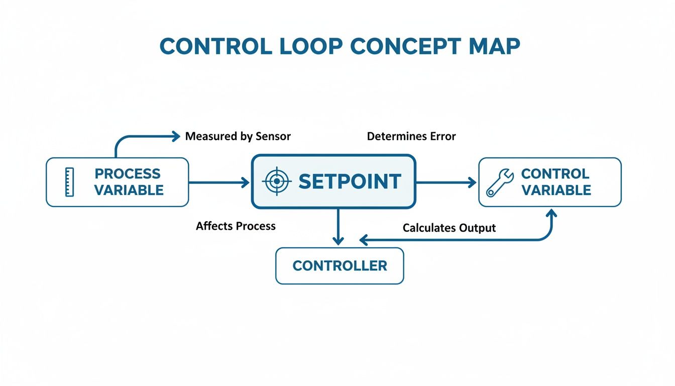 A concept map illustrates a control loop with process variable, setpoint, controller, and control variable.