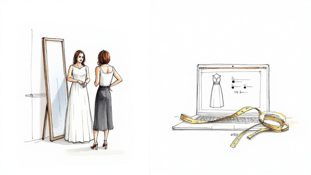 A young woman smiling as she looks at prom dresses on a clothing rack inside a boutique.