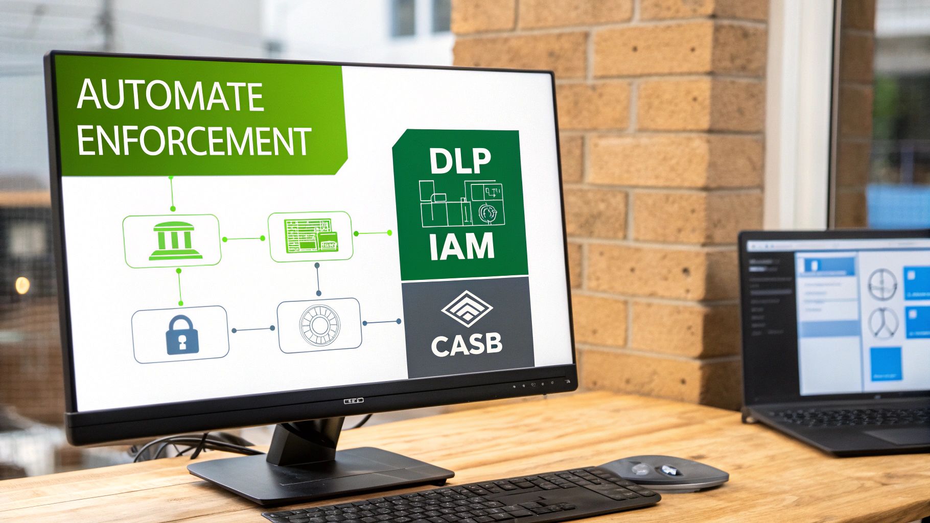 A computer monitor displays a diagram for 'Automate Enforcement' with cybersecurity terms DLP, IAM, and CASB.