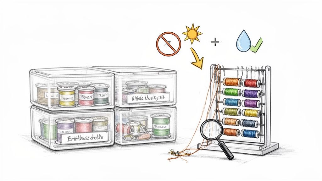 Colorful sewing threads are stored in clear boxes and displayed on a rack, illustrating proper care.