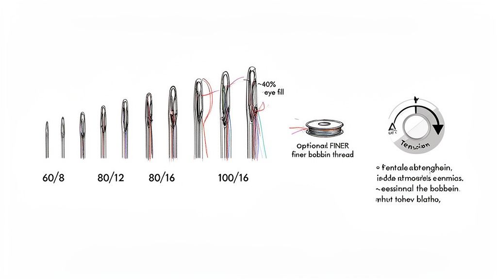 Illustration of various sewing needle sizes, thread fill, bobbin thread, and tension dial.