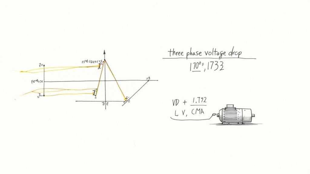 Hand-drawn diagram illustrating three-phase voltage drop formulas with an electric motor.