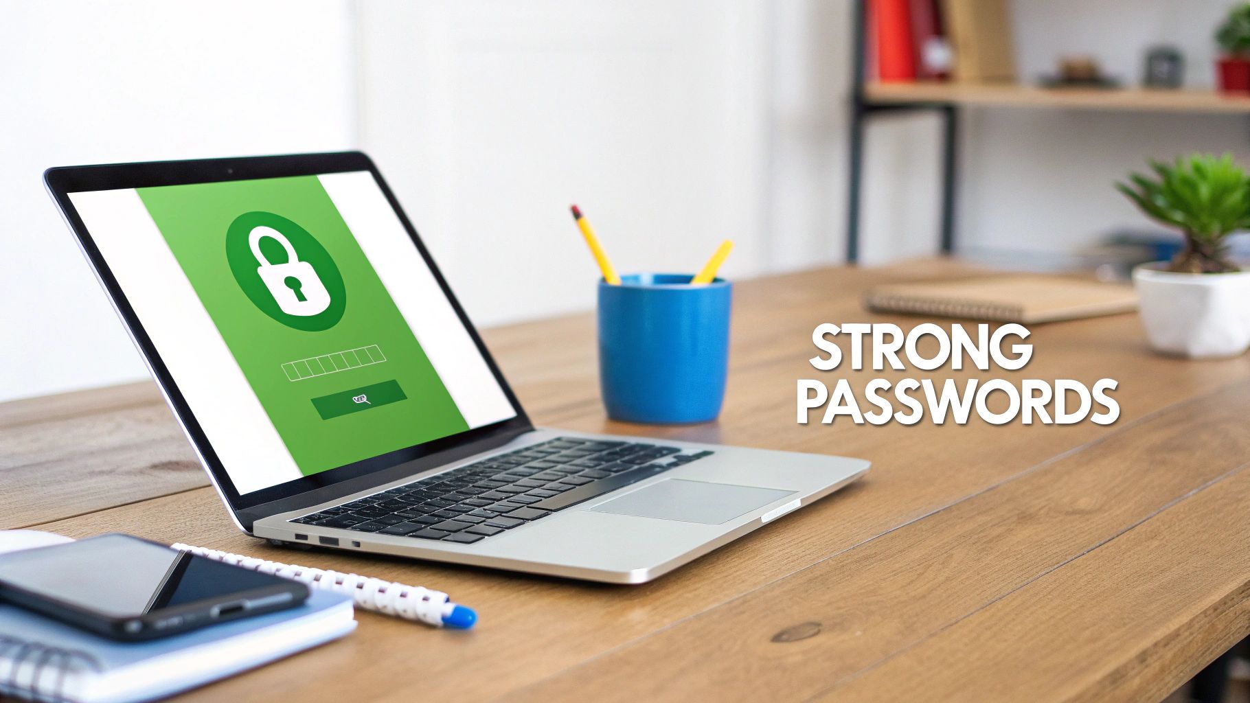 A laptop displays a green screen with a lock icon and strong password strength meter.