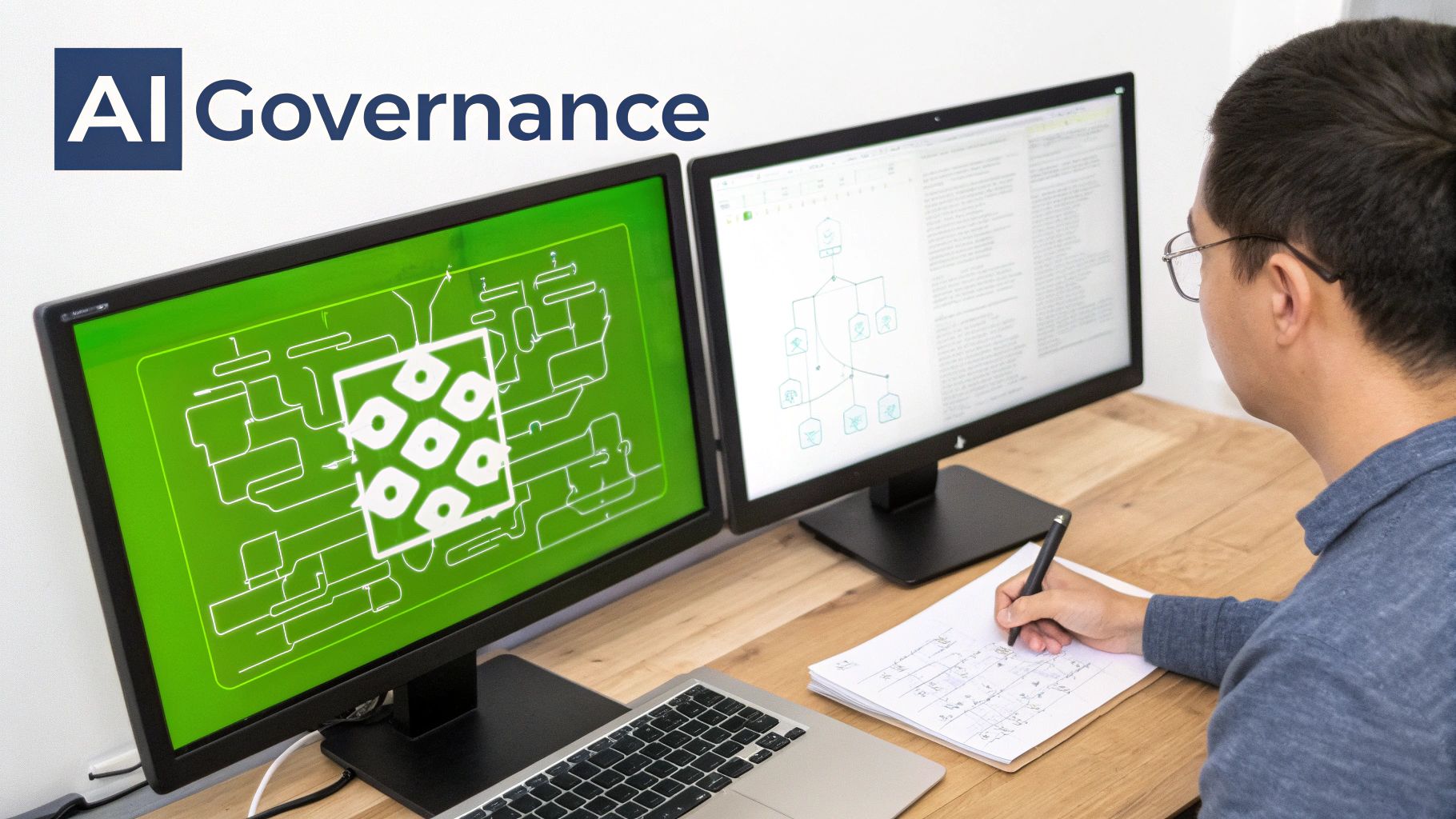 A person works on AI governance, viewing technical diagrams and code on dual monitors while taking notes.