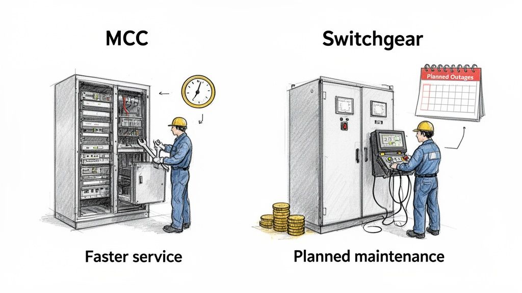 An illustration comparing Motor Control Centers (MCC) for faster service with Switchgear for planned maintenance and outages.