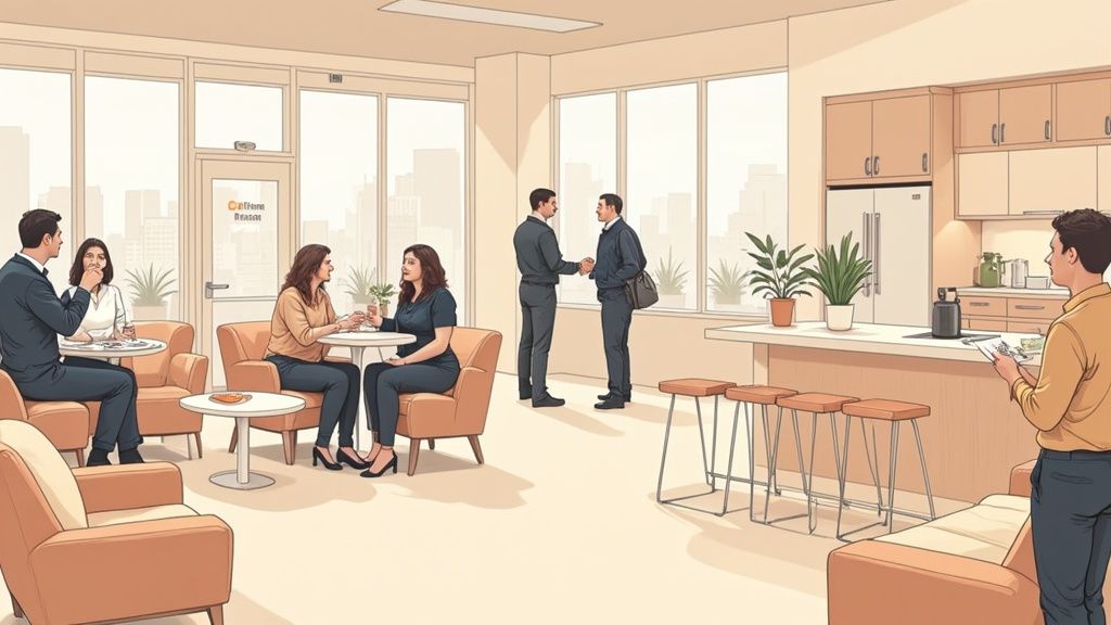 Diverse people interacting in a bright, modern office common area with large windows.