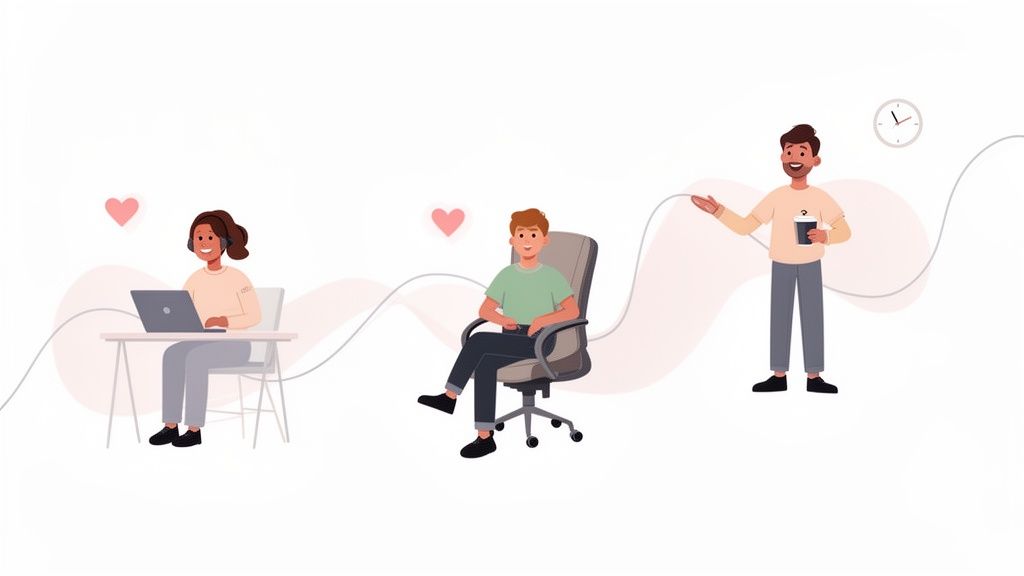 Photo of happy diverse professionals showcasing the benefits of a modern hybrid work environment.