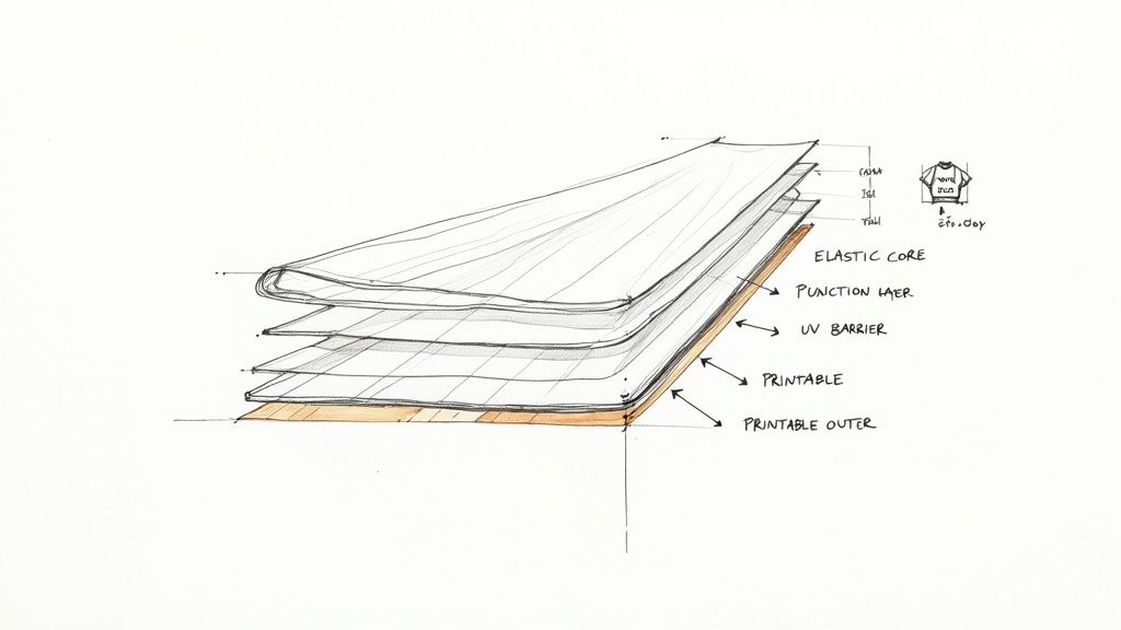Technical drawing illustrating a multi-layered film structure with labels for elastic core, UV barrier, and printable layers.