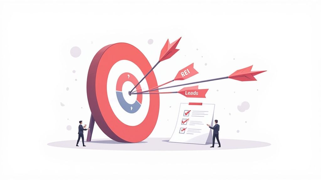 A diverse team of professionals collaboratively setting event objectives on a glass wall in a modern office.