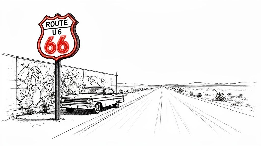 Sketch of a classic car by a Route 66 sign and mural, with a long desert road.