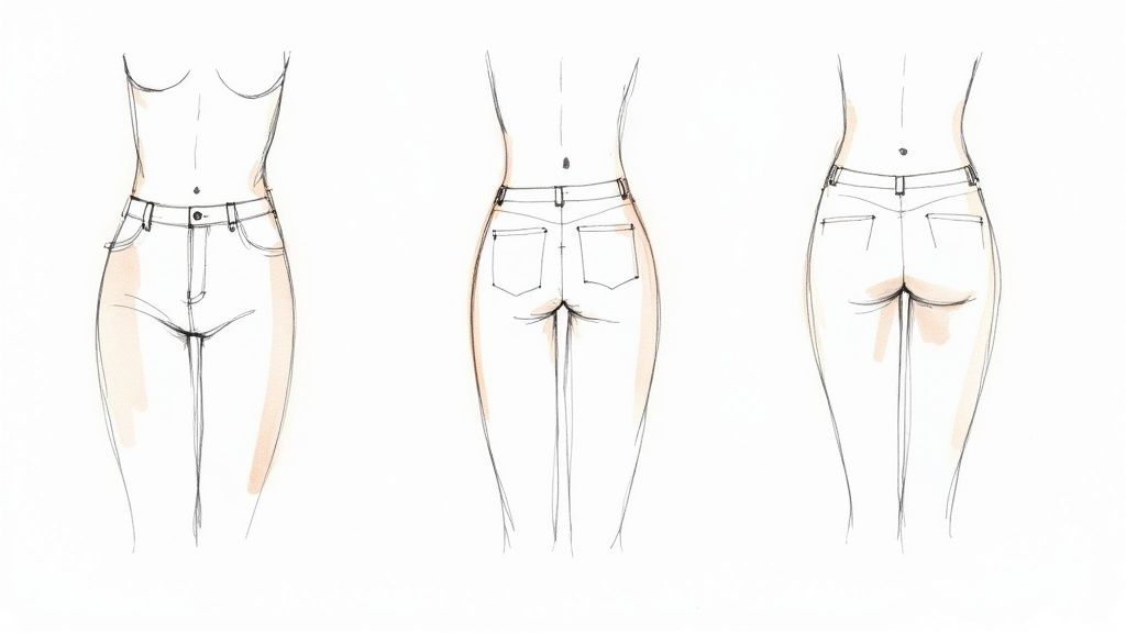 Fashion illustration showing front, back and side views of mid rise denim jeans fit