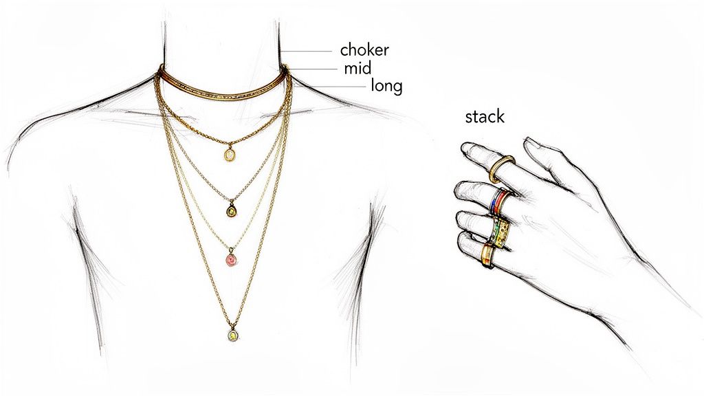 Illustration showing various jewelry styles, including layered necklaces (choker, mid, long) and stacked rings.