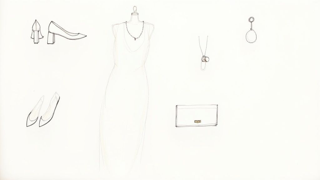 Sketches of semi-formal women's attire including a dress, high heels, a clutch bag, and necklaces.