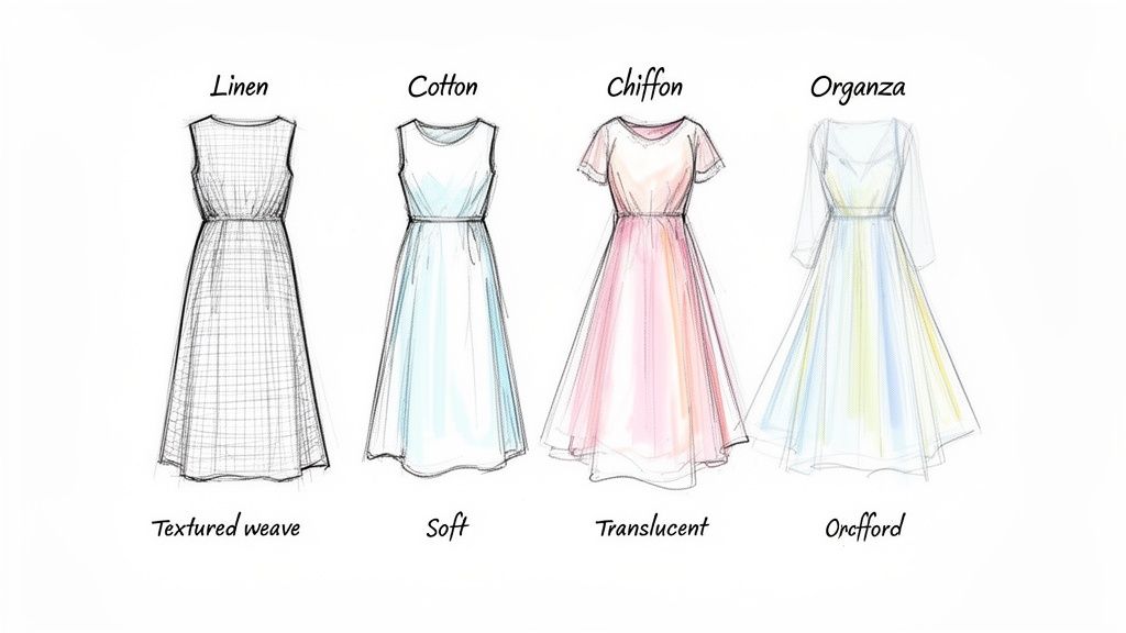 Four dress illustrations demonstrating different fabric types: linen (textured), cotton (soft), chiffon (translucent), and organza (crisp).