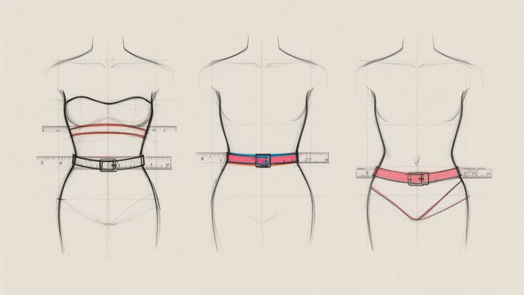 Three line drawings illustrate various belt placements on a woman's torso, including waist and hip levels.