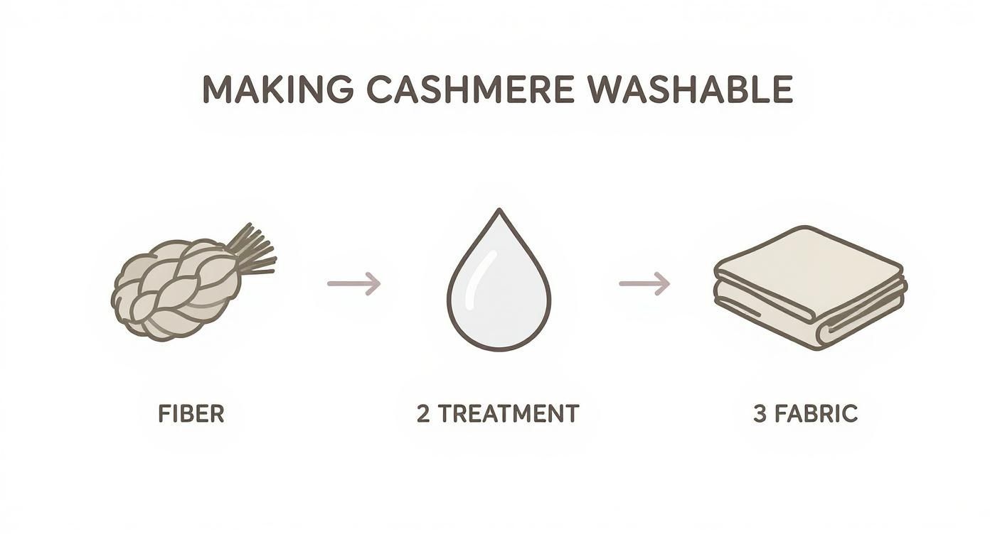 Diagram showing three steps of making cashmere washable from fiber to treatment to fabric