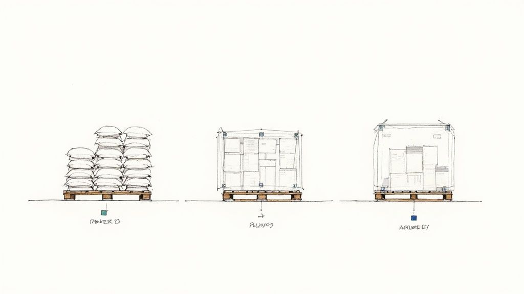 Drawing comparing three pallet wrapping methods: sacks, boxes with stretch film, and boxes with a stretch hood.