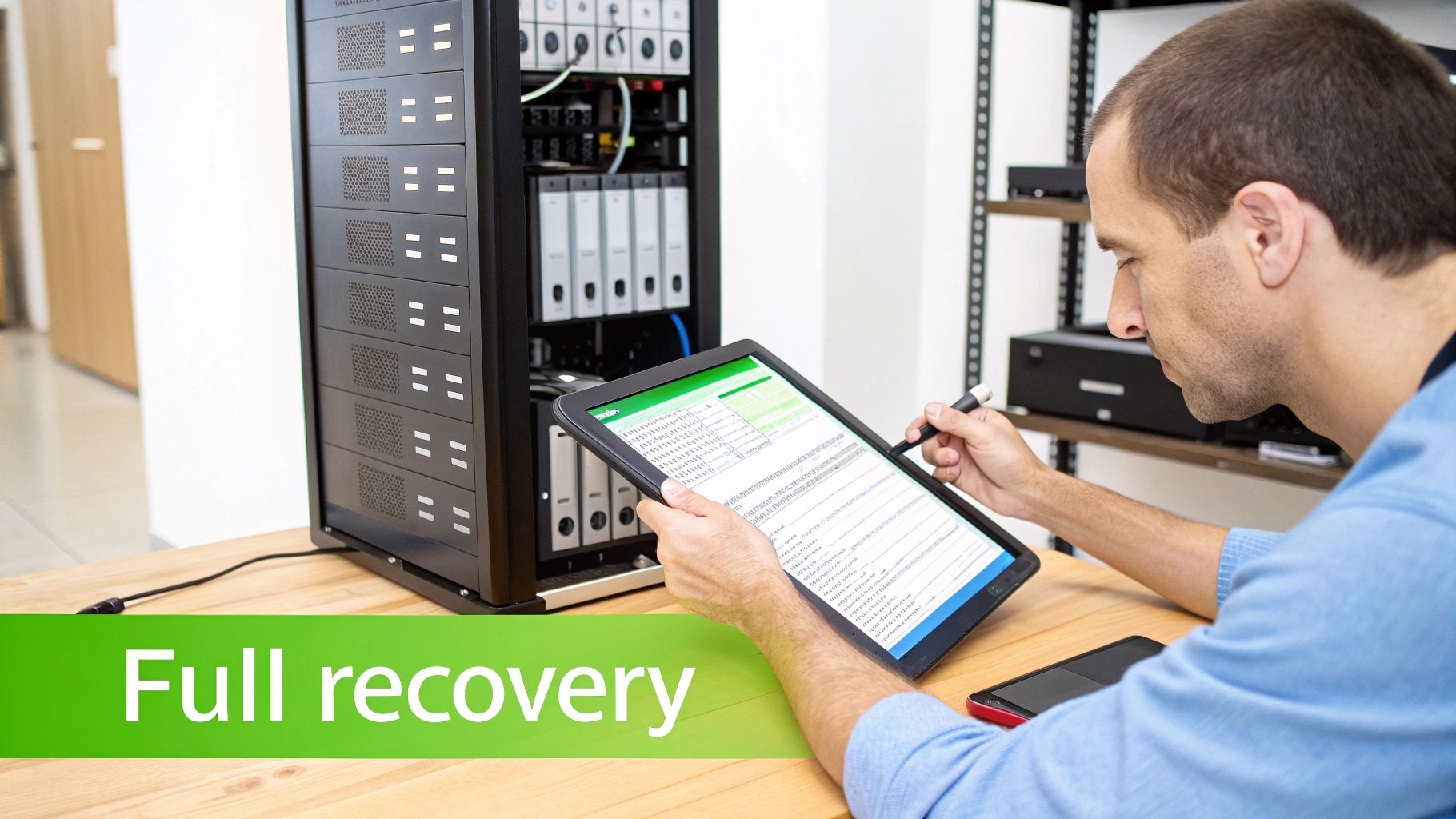 An IT technician is performing data recovery operations using a tablet next to a server rack.