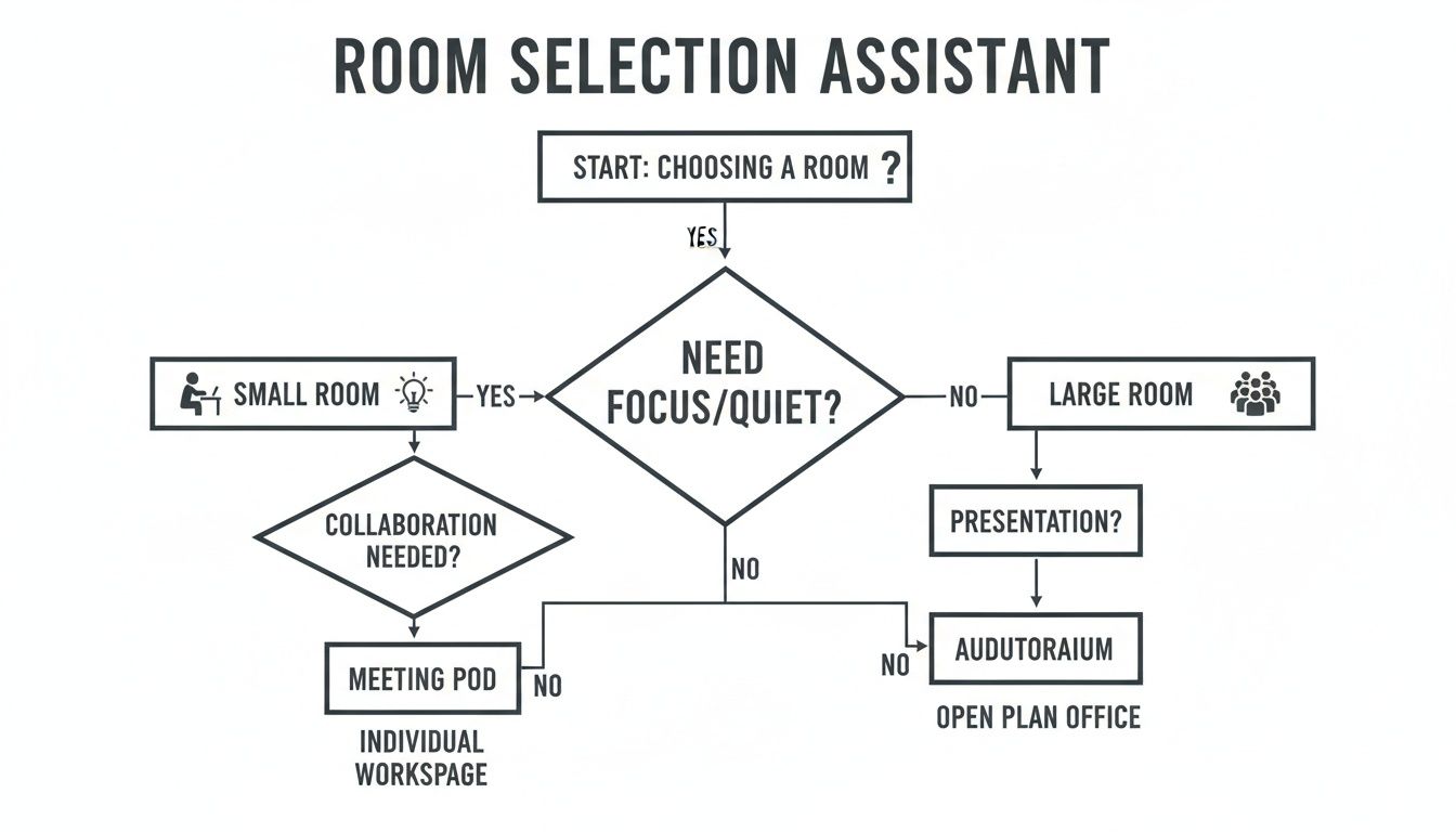 A flowchart guiding room selection for various work needs, including focus, collaboration, and presentations.
