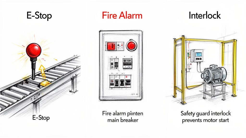 Three diagrams illustrating E-Stop, fire alarm panel, and safety guard interlock mechanisms for industrial safety.